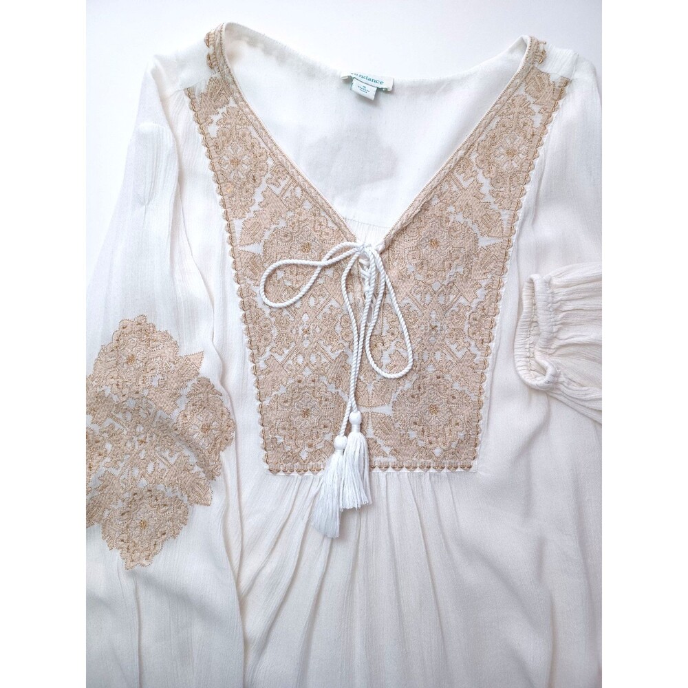 Sundance‎ Embroidered Lace Peasant Top Small Puff Sleeve Boho Prairie Tassels